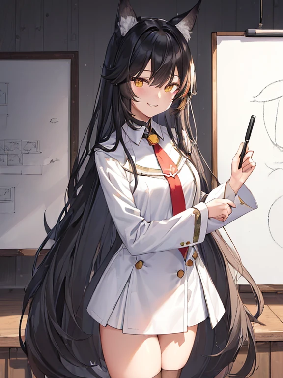 (((Holding White Board Front Viewer As Written Gay Lord))), Black Haired, (Long hairstyles), Yellow Vertical pupil,(Vertical Eyes), Wolf ears, (Wicked Smiles), A girl, Wearing a White Suit Design Fur under The Neck, Aesthetic Design, Underneath Black shirt, Red Necktie, ray,backlighting, masterpiece, best quality, exquisite,8k,absurdres ,super fine illustration,(looking at viewer), Back Ground, Wallpaper (((Snowy Forest Wolfs in corner))),