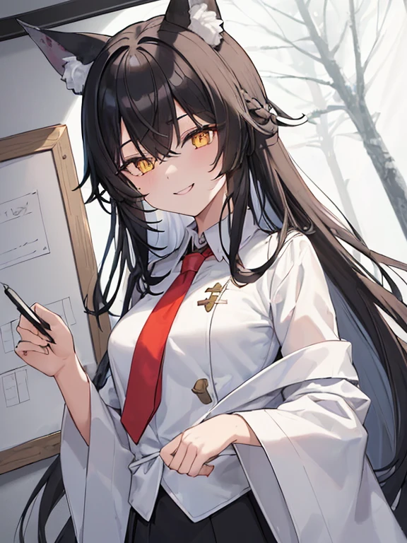 (((Holding White Board Front Viewer As Written Gay Lord))), Black Haired, (Long hairstyles), Yellow Vertical pupil,(Vertical Eyes), Wolf ears, (Wicked Smiles), A girl, Wearing a White Suit Design Fur under The Neck, Aesthetic Design, Underneath Black shirt, Red Necktie, ray,backlighting, masterpiece, best quality, exquisite,8k,absurdres ,super fine illustration,(looking at viewer), Back Ground, Wallpaper (((Snowy Forest Wolfs in corner))),