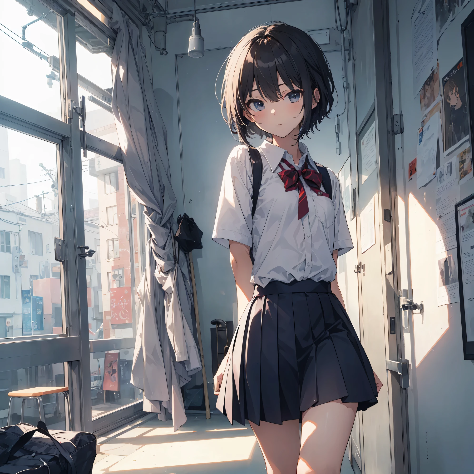 Super high quality by the art god, super detailed, High resolution,Kou Okada style, anime moe art style, best anime 8K konachan wallpaper, pixiv contest winner, perfect anatomy, break,(眠そうにalone学校へ行く女の子を描いてください. ),break, surreal high school girl, (alone,lolita, , 13 years old:1.3),All limbs, full finger,, androgynous charm, (very short hair), messy hair, flat chest, small ass, between legs, Small black eyes,beautiful and fine eyes, Well-proportioned iris and pupils, disgusted eyes, High resolutionの詳細な髪, wearing school uniform, (skirt), On the way to school. break,super dense skin, Best lighting by famous artists, 8K, figure,