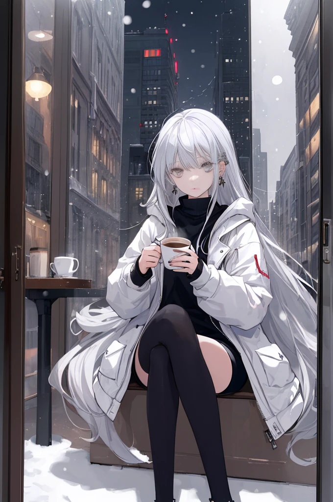 ((masterpiece:1.4, best quality:1.2)), 1girl, solo focus, very long white hair, grey eyes, white jacket, black legwear, holding coffee cup, sitting, earrings, piercing, coffee shop window, night, snowing, cityscape, tall female, beautiful and delicate female, comfy ambience, {correct posing}, {detailed background},