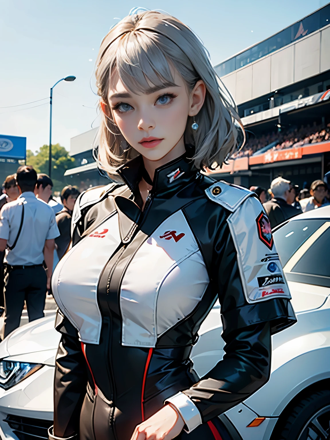 Unreal Engine 5 Realistic Rendering, Cosplayers, random pose, lace queen、Uniform with logo、 Exquisite beauty、beautiful face, Slim model body shape, big breasts, shiny, wet shiny body, short gray hair, (((beautiful woman))), neon、a large crowd gathers、audience、Forming an emperor、Drag racing、Midsommar Racing Circuit、racing car、Vulgarity、a large crowd gathers、audience、Tokyo Motor Show