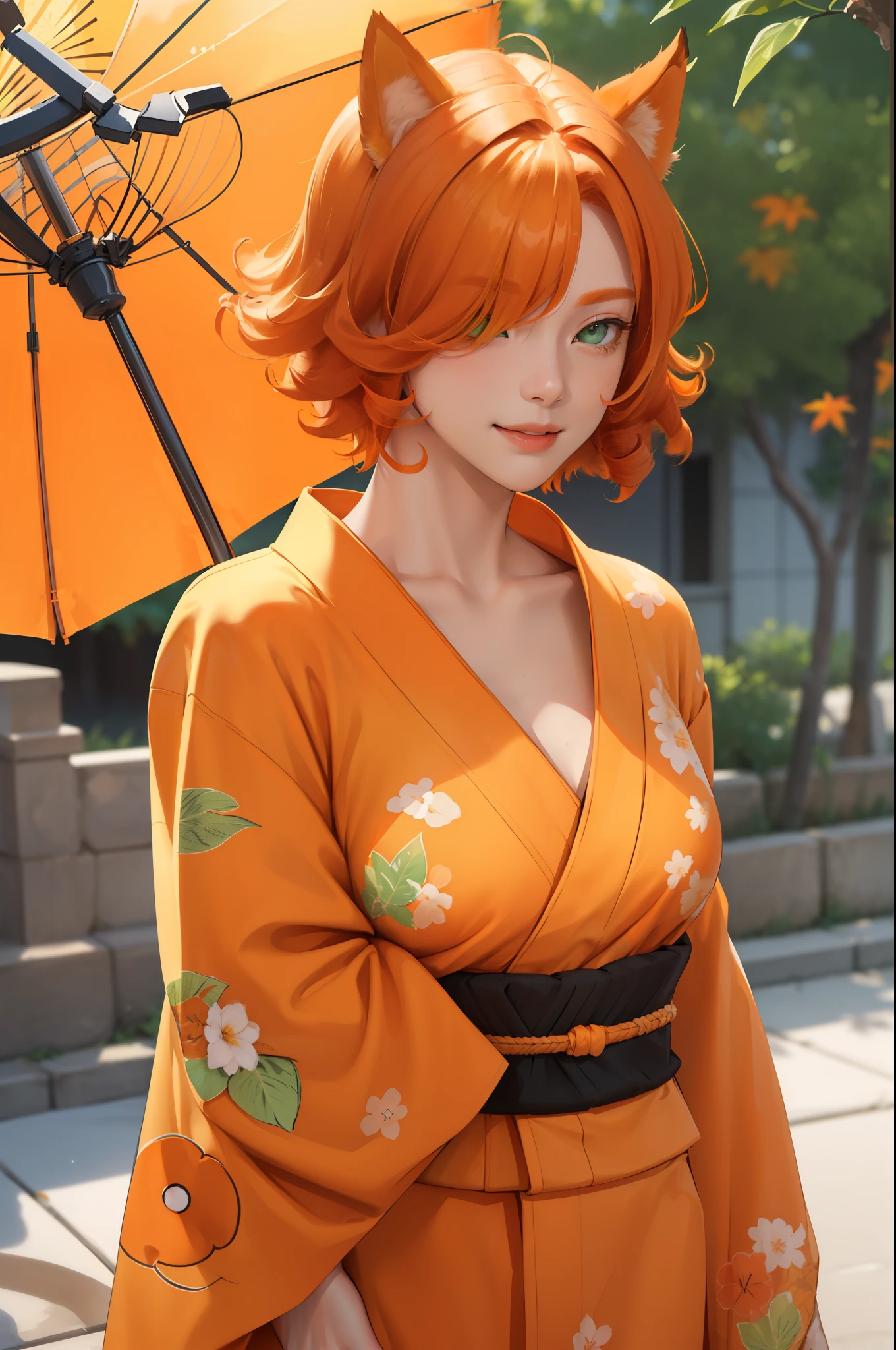 (masterpiece:1.2, best quality), (real picture, intricate details), (1lady, solo), full body:1.5, close-up face, casual, natural fabrics, smile, Top Quality, Masterpiece, Hi-Res, Beautiful Face, photography, High Resolution, 4k, 8k, Asian face, dark orange arm sleeve, detailed face, detailed eye, exposed shoulder, (((green eyes, orange cat ears, medium breast:1.5, orange hair:1.5, orange kimono:1.5, short curly hair:1.2, hair over one eye:1.5))), ((orange hair:1.5, orange clothes:1.5)),  (background autumn tree:1.5),