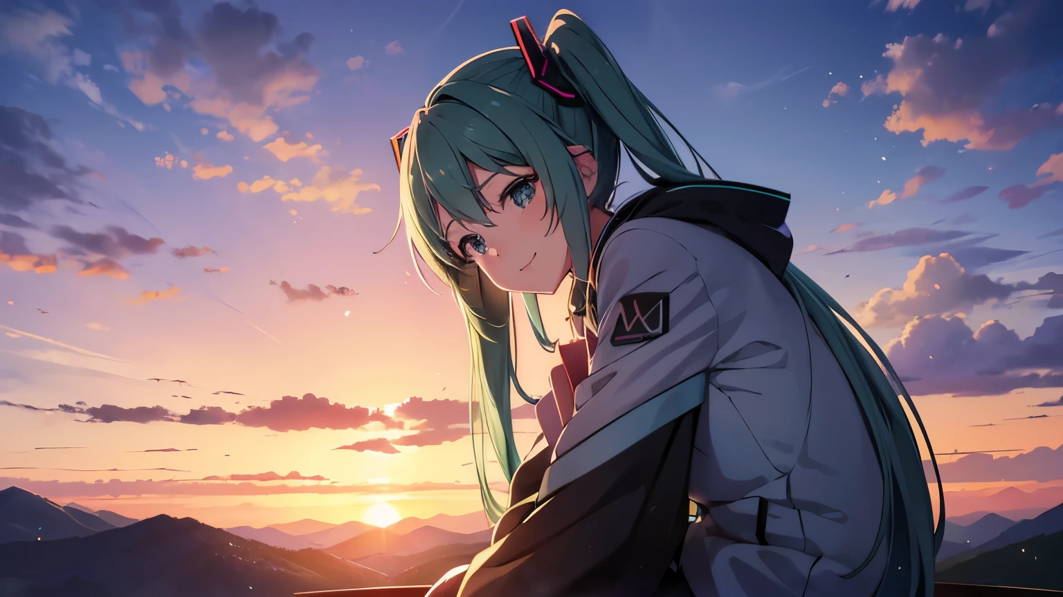 Hatsune Miku, 登山の服装, smile, pray, Angle from below, dramatic sunset, 山の自然, (masterpiece), (Best Quality, 8K, High resolution), Ultra-detailed