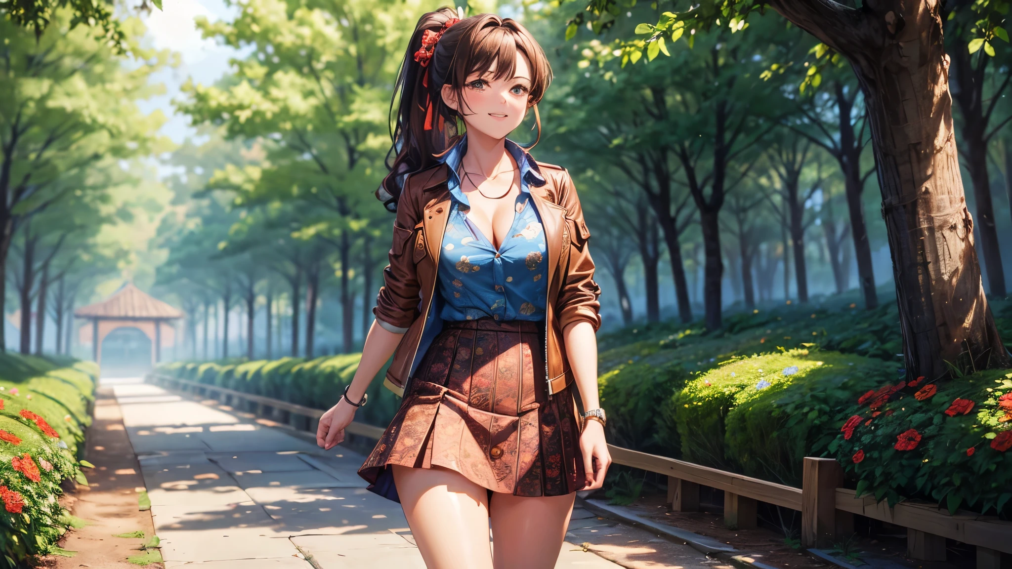 girl, full body, solo, village, trees, flowers, brown hair, long hair, curly hair, ponytail, large breasts, button down shirt, ((worn out shirt)), ((blue floral pattern shirt)), ((unbuttoned shirt)), cleavage 1:3, brown eyes, ((opened brown zipper jacket)), leather jacket, ((red black skirt)), smile, looking at the viewer, touching neck, standng, hair ribbon, golden necklate