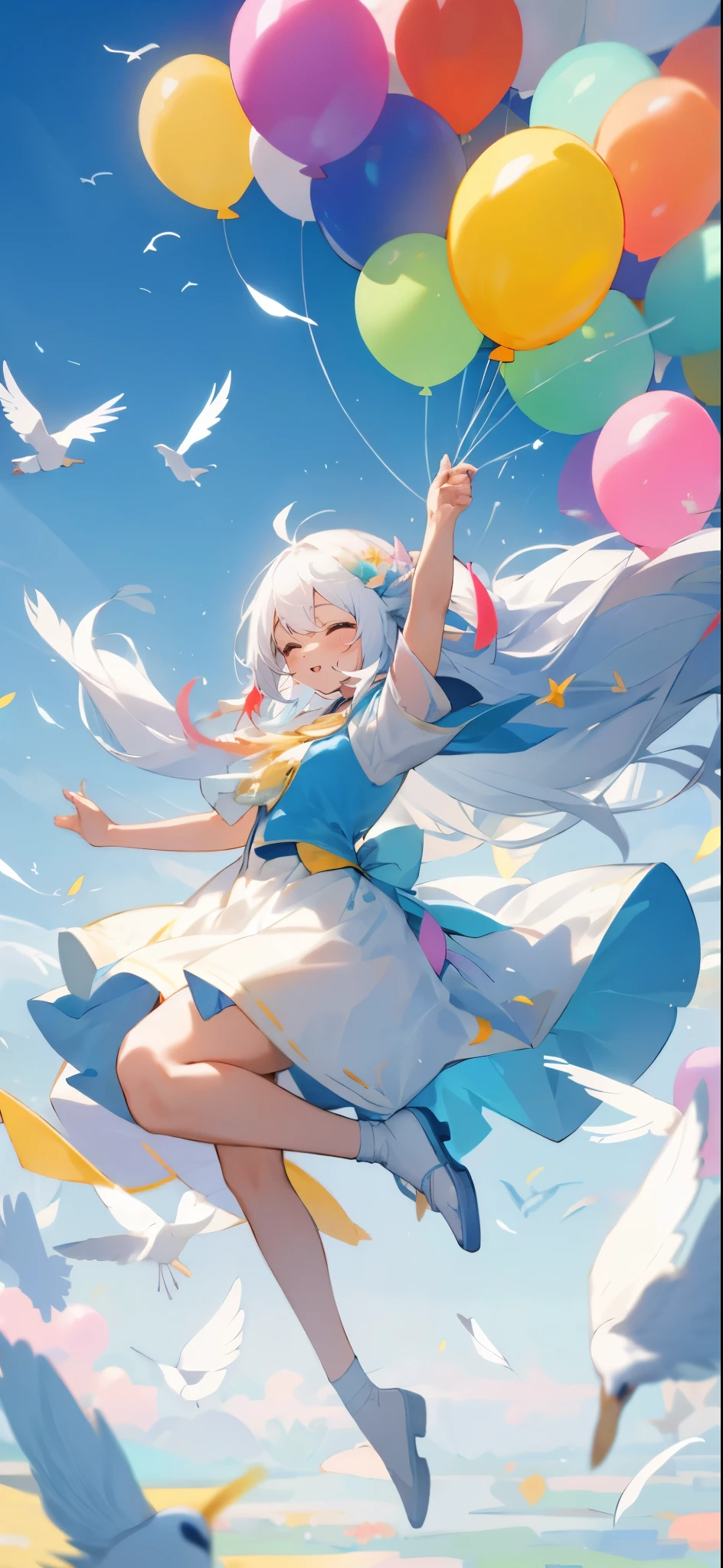 girl，white long hair，lots of balloons，Tons of balloons，floating，jump，skyrocket，colorful，smile，Flowers flutter，Birds are flying，Feathers dance，magic，shine，Sparkling，fantasy