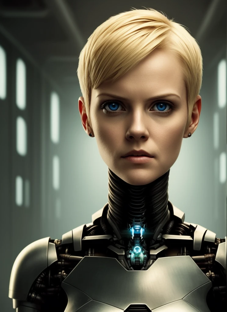 Picture, best quality, portrait photo of woman short blonde hair, serious face, robotic body below the neck, cybernetics, cybernetic prosthetics, sci-fi movie poster, gritty, grimdark, sharp focus, (imperial starship interior:1.1), 