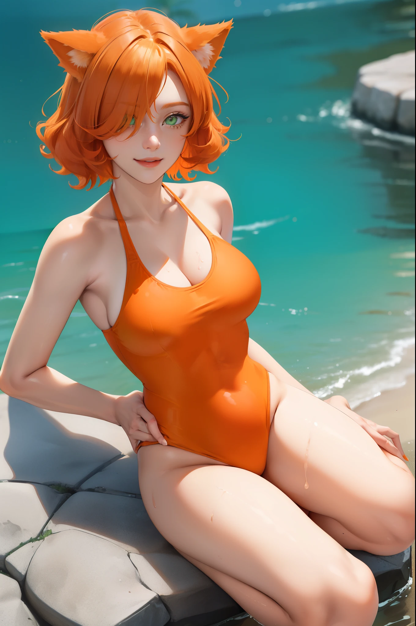 (masterpiece:1.2, best quality), (real picture, intricate details), (1lady, solo), full body:1.5, close-up body, casual, natural fabrics, smile, Top Quality, Masterpiece, Hi-Res, Beautiful Face, photography, High Resolution, 4k, 8k, Asian face, detailed face, detailed eye, exposed shoulder, (((green eyes, orange cat ears, medium breast:1.5, orange hair:1.5, orange swimsuit:1.5, short curly hair:1.2, hair over one eye:1.5))), ((orange hair:1.5, orange swimsuit:1.5)), (background autumn lake:1.5),