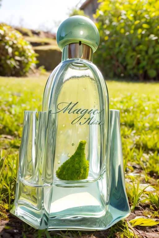 A bottle of perfume，glass bottle，On the mossy ground，petal，Leaves