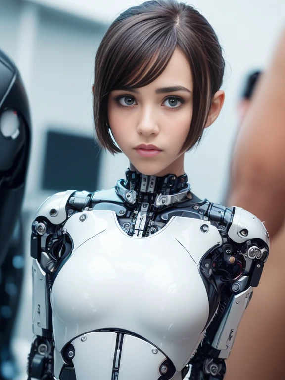 (The cyborg:1.1), (femboy:1.7), (RoboCop :1.6), (Suki Waterhouse:1.2). (face portrait:1.0). Lexx , Mass Effect , Galaxina, Terminator, Metropolis. (masculine body:1.6). (She is entirely made from plastic and aluminum). (simple mechanical engineering:1.5). (neatly drawing all mechanical parts:1.6). (neatly drawing eyes:1.5), (Garson short haircut:1.5), (open helmet:1.2), (arms behind back:1.5). articulated metal arms, unhuman articulate cybernetic face. there are metal inclusions on her face. unhuman gaze. (identical unhuman cyborg's optical sensors:1.4). (her body is made from polished aluminum and translucent white plastic:1.4). beautiful perfect face, perfect articulate hands with five perfect articulate fingers. very sexy. mechanistic design, cyberpunk, (causing sexism). (cyborg's fingers:1.3). (enhanced image quality:1.5), (sharp focused photography:1.5).