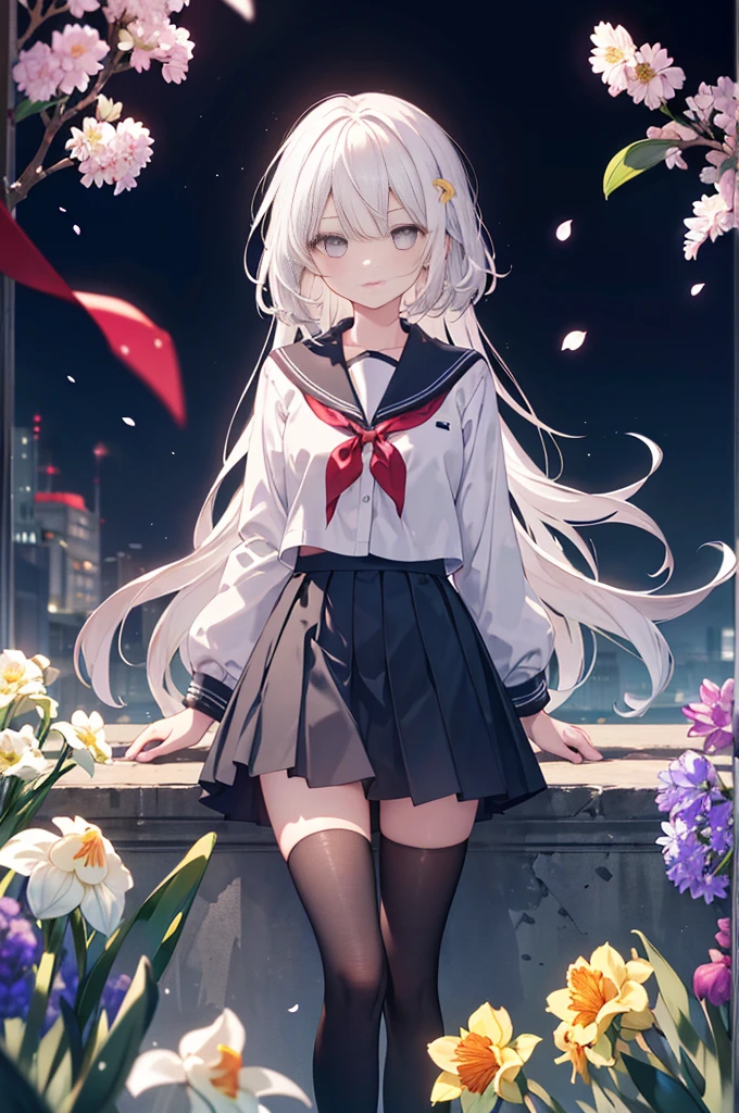 1girl, beautiful detailed eyes, long white hair, light grey eyes, school uniform, high black stocking, vivid, flower, daffodil, hyacinth, falling petals, , high contrast, ((masterpiece, best quality)), cinematic light, cinematic composition