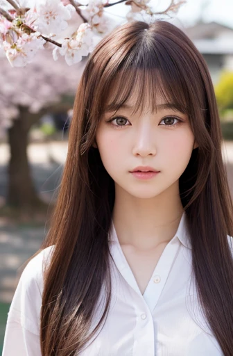 highest quality, soft light, ultra high resolution, (realistic:1.4), RAW photo, 1 japanese girl, alone, cute, (pupil, light in the eyes), detailed beautiful face, (small box),(High resolution details of human skin texture), (long hair), outdoor, Damask Shirt Dress, (portrait),cherry blossoms