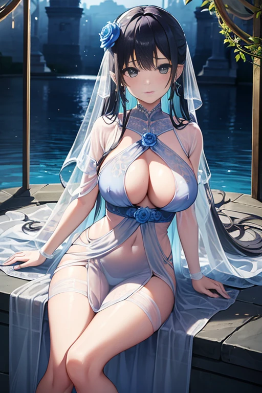 (highest quality, 8K, 32K, masterpiece, UHD: 1.3), 1 female, (Oversized: 1.3), perfect figure,, (attractive), (Sheer skin)) 、((((Transparent see-through dress))))、see-through dresses、lace sheer dress、Transparent dress、Sheer skin、Transparent dressを着た美しい裸の女性、solo、best style、big breasts、The most beautiful in the world、unparalleled beauty、long hair、 ((Roman baths)),、Blue lighting. concept art stunning atmosphere, blue atmosphere, beautiful concept art, Dark majestic gorgeous waterside、(blue water辺、blue water)、blue fountain、blue pottery、Blue Wall、Blue floor、blue reflection、blue window、get wet in blue water、Blue light、blue flower、Blue roses、blue lantern、Expressive、sexy pose、sexy design、nipple
