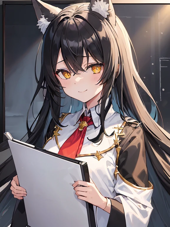 (((Holding White Board Showing Viewer As Write "Gay Lord"))), Black Haired, (Long hairstyles), Yellow Vertical pupil,(Vertical Eyes), Wolf ears, (Wicked Smiles), A girl, Wearing a White Suit Design Fur under The Neck, Aesthetic Design, Underneath Black shirt, Red Necktie, ray,backlighting, masterpiece, best quality, exquisite,8k,absurdres ,super fine illustration,(looking at viewer), Back Ground, Wallpaper (((Snowy Forest Wolfs in corner))),