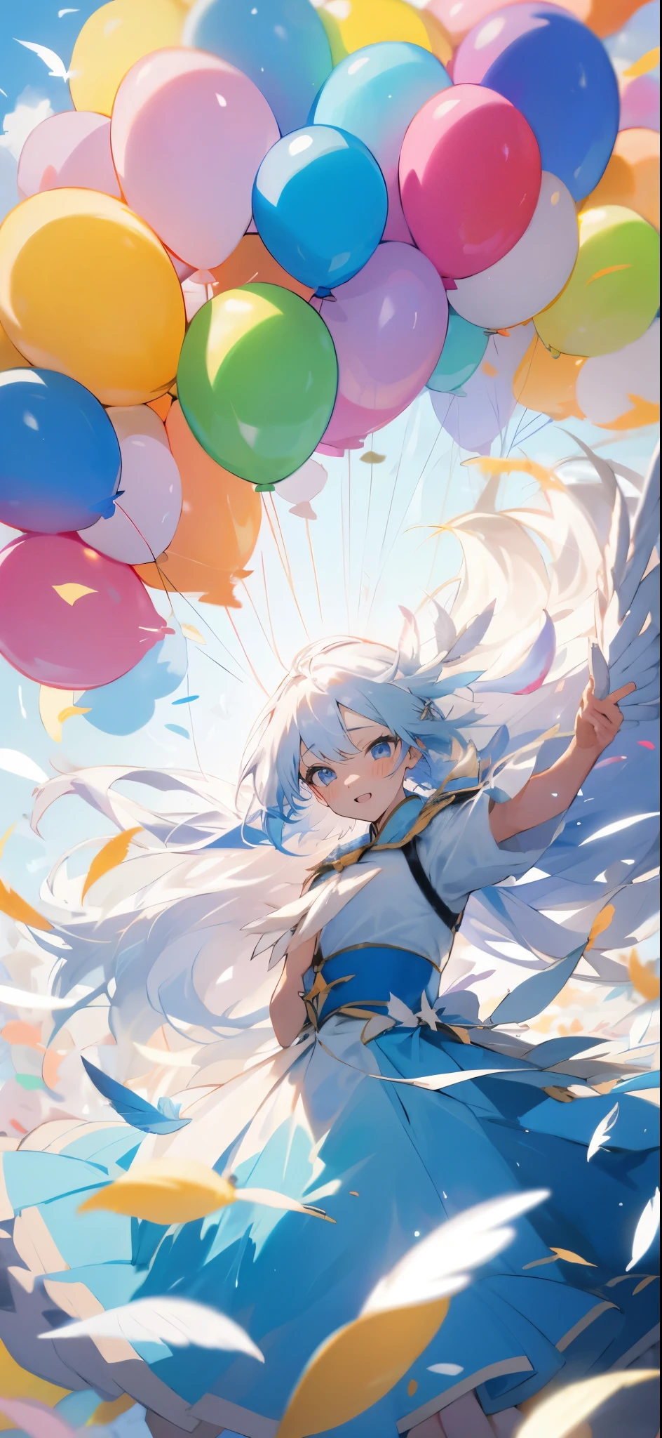 girl,white long hair,blue eyes,lots of balloons,Tons of balloons,color々balloon,floating,jump,colorful,smile,Flowers flutter,Birds are flying,Feathers dance,magic,shine,Sparkling,Ruffled skirt