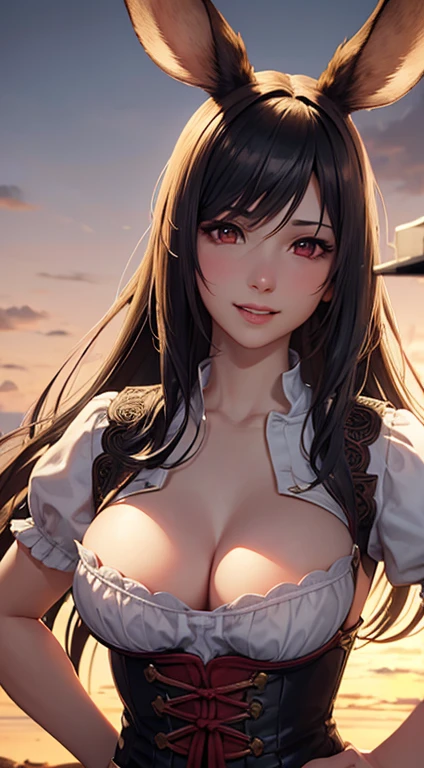 Final Fantasy 14 world, highly detailed face and eyes, realistic, Woman in traditional Bavarian dress, open-chested dirndl , Bust is small, long straight rabbit ears, long wavy black hair, red eyes, smile gently, Hold a large sword with both hands, breast enhancement, medieval european castle