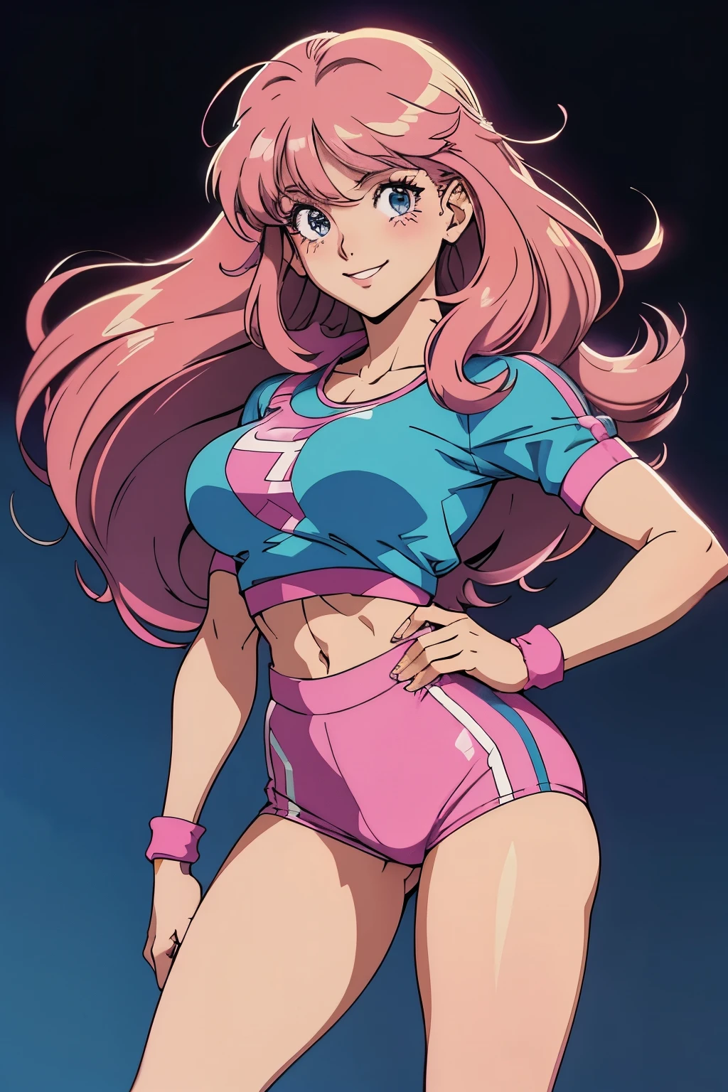 pretty girl from an 80s anime, 80s anime fog, static like from an 80s anime, 1980s \(style\), smiling, long hair, 80s workout outfit