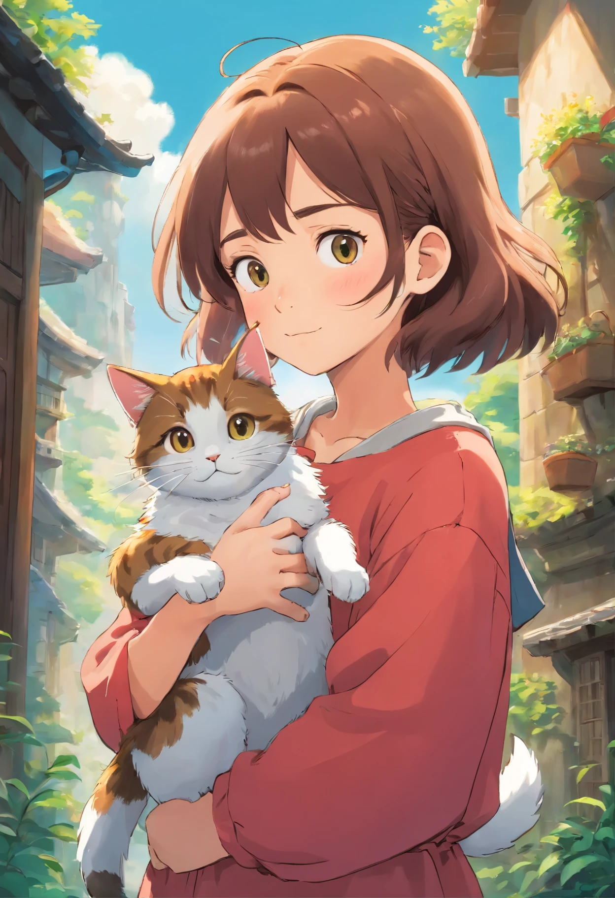 Girl with a cat in her arms,Ghibli style