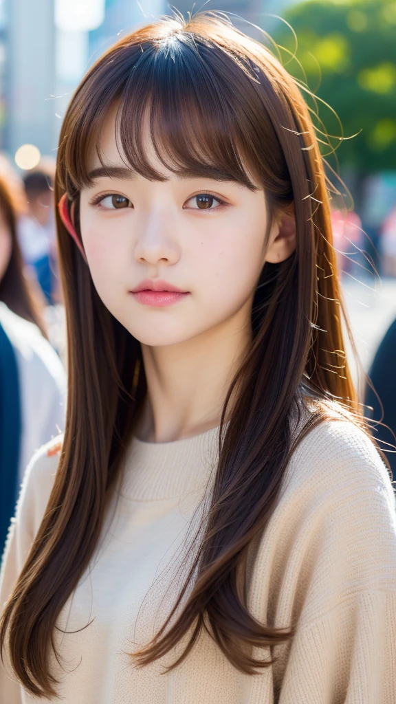 (best quality, 8k, 32k, masterpiece, UHD:1.2), ultra high res, (pretty Korean girl), , (full body), beautiful detailed eyes, semi long brown hair, bangs, crowded City street, (detailed background:1.5)