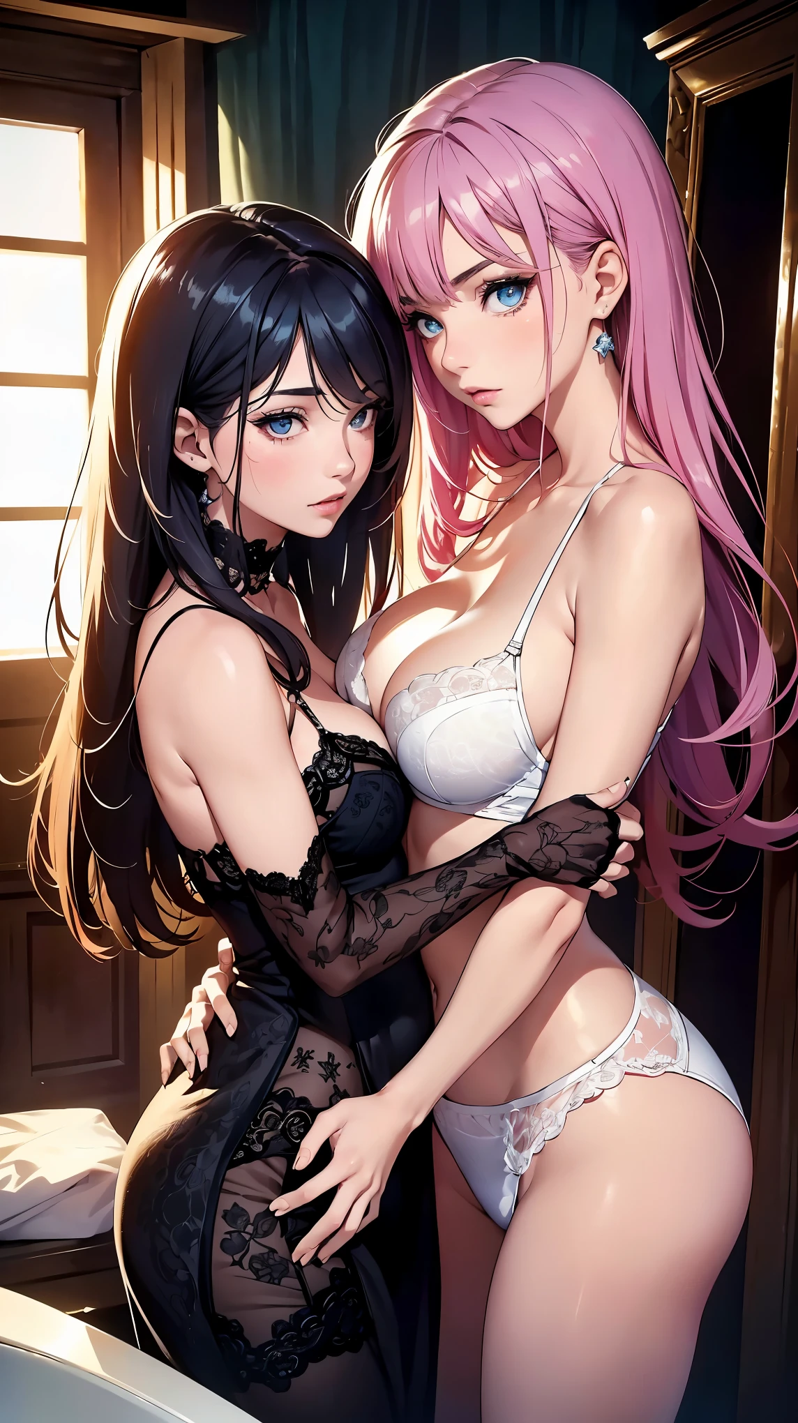 NSFW, (8K, RAW photo, 最high quality, masterpiece: 1.2), High-definition RAW color photo, Professional photo shoot, cinematic light, (((young woman, 2 gals, a picture of 2 women))), (Sharp features), (Big eyes), (small face), (high detail skin: 1.2), clavicle, cute face, beautiful appearance, long eyelashes, (rainbow hair, blue eyes), (beautiful breasts), (because I'thin:1.5), very detailed顔と肌の質感, fine eyes, natural makeup, A world of just the two of us, female masturbation, Enjoying the act, A glimpse of sexy lingerie, flowing hair, disheveled clothes, in the toilet, sexual acts between women, beautiful lily world, two women hugging each other:1.5, Highly detailed arms, staring eyes, beautiful skin, shiny skin, perfect fingers, five fingers, anatomically correct, background bokeh, high quality, surreal, bright colors, ((very detailed, photo shoot)),