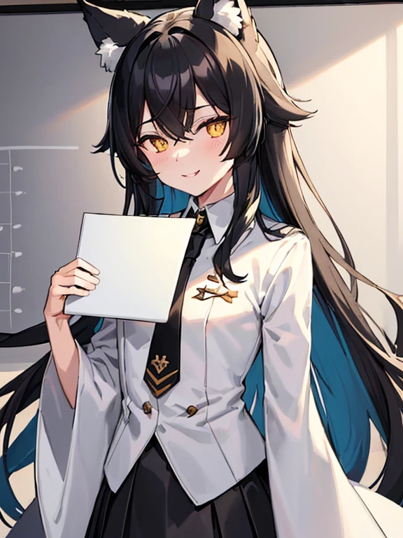 (((Holding White Board Front Viewer As Written "Gay Lord"))), Black Haired, (Long hairstyles), Yellow Vertical pupil,(Vertical Eyes), Wolf ears, (Wicked Smiles), A girl, Wearing a White Suit Design Fur under The Neck, Aesthetic Design, Underneath Black shirt, Red Necktie, ray,backlighting, masterpiece, best quality, exquisite,8k,absurdres ,super fine illustration,(looking at viewer), Back Ground, Wallpaper (((Snowy Forest Wolfs in corner))),