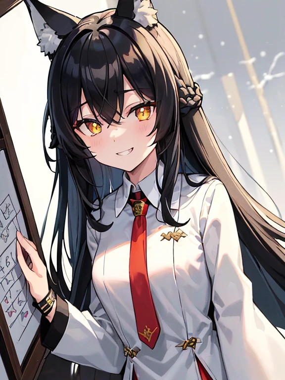 (((Holding White Board Front Viewer As Written "Gay Lord"))), Black Haired, (Long hairstyles), Yellow Vertical pupil,(Vertical Eyes), Wolf ears, (Wicked Smiles), A girl, Wearing a White Suit Design Fur under The Neck, Aesthetic Design, Underneath Black shirt, Red Necktie, ray,backlighting, masterpiece, best quality, exquisite,8k,absurdres ,super fine illustration,(looking at viewer), Back Ground, Wallpaper (((Snowy Forest Wolfs in corner))),