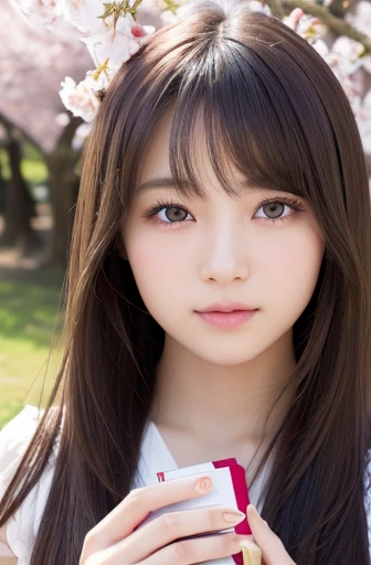 highest quality, soft light, ultra high resolution, (realistic:1.4), RAW photo, 1 japanese girl, alone, cute, (pupil, light in the eyes), detailed beautiful face, (small box),(High resolution details of human skin texture), (long hair), outdoor, skirt, (portrait),cherry blossoms