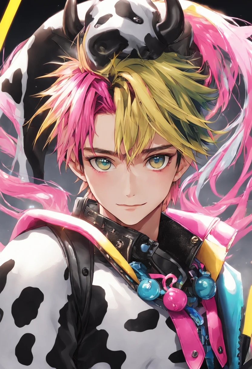 ultra-detailed, ((masterpiece ,best quality)) ,anime,(solo guy), 22 years old,from front ,front view ,(cow boy shot:1.4),normal cheeks,Half-smile,([pink:yellow:0.6] hair:1.3),(multicolored hair,two-tone hair,undercut:1.5) ,spiky hairstyle,(eyes highlight,detailed eyes:1.3),smile ,((decora style jacket)),body protector,tactical pants, vivid contrast,(best impact:1.5),cyber punk, simple background ,perfect anatomy,black background,watereffects

