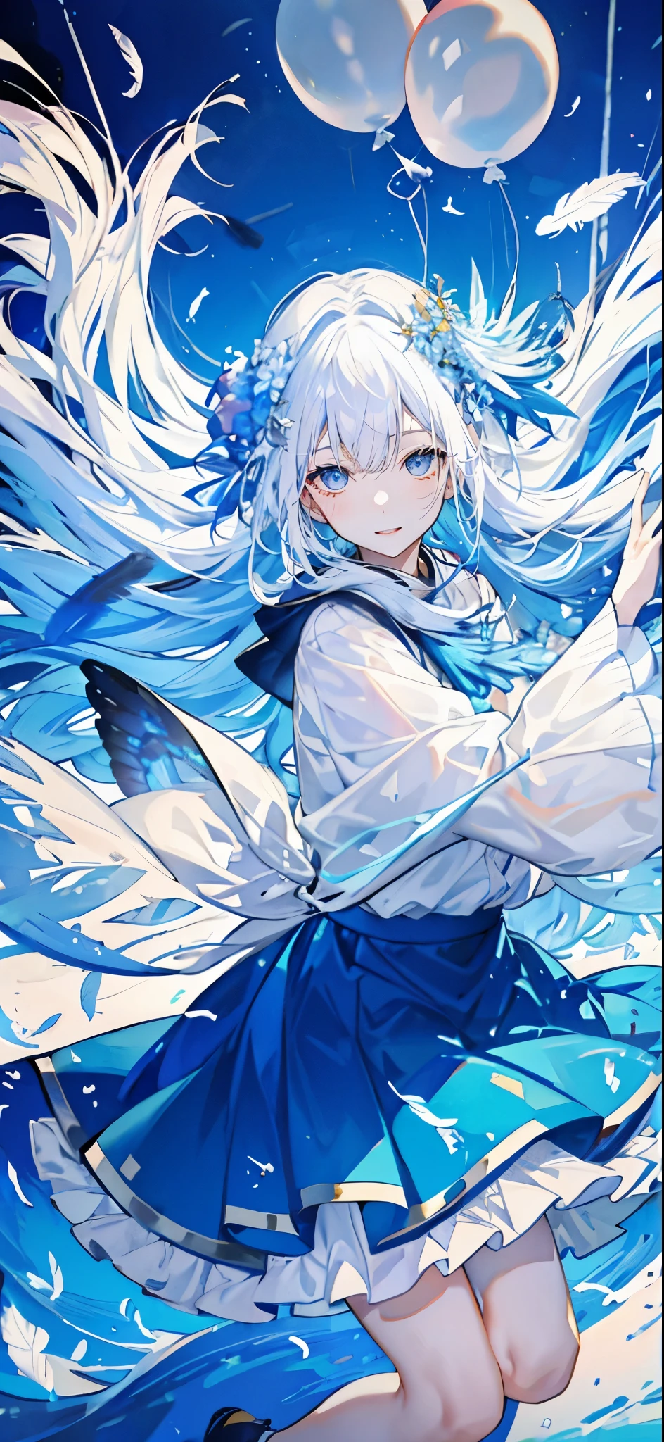 girl,white long hair,blue eyes,lots of balloons,Tons of balloons,color々balloon,floating,jump,colorful,smile,Flowers flutter,Birds are flying,Feathers dance,magic,shine,Sparkling,Fluffy skirt