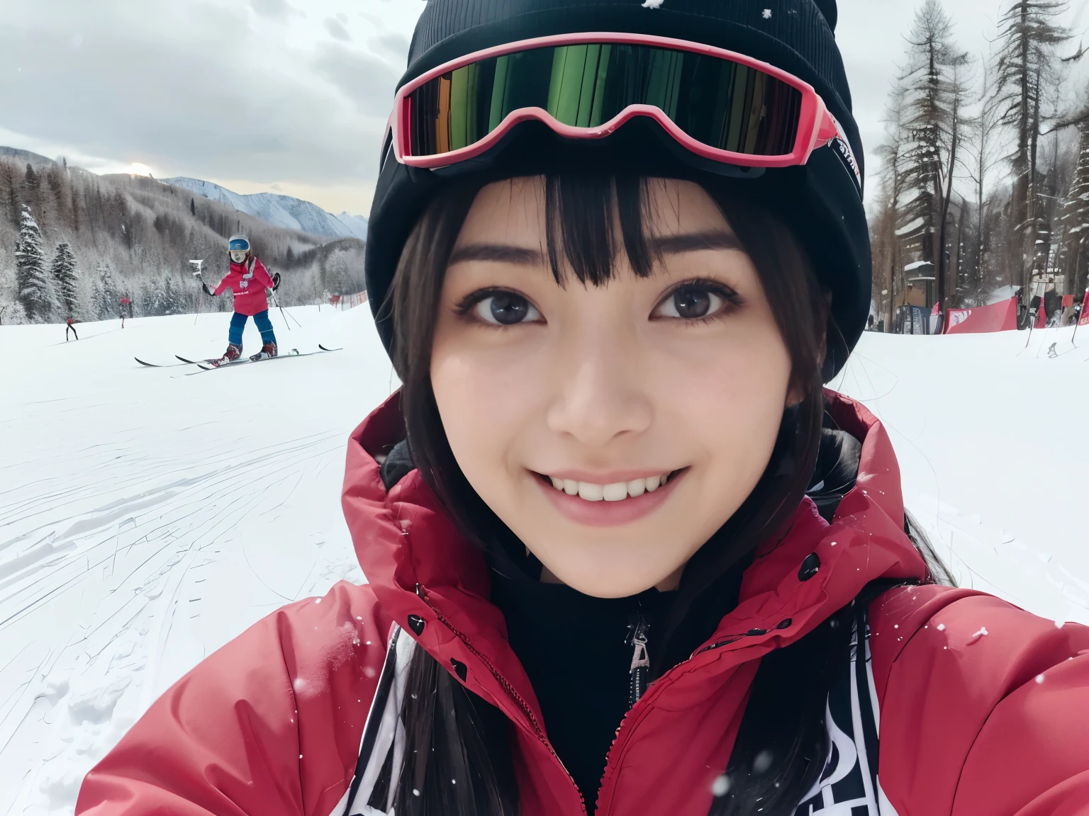 (Close up portrait of one girl with slender small breasts and long hair with dull bangs in colorful ski clothes:1.5)、(One girl skiing with face and small smile :1.5)、(snow ski garden:1.5)、(Beautiful sunset red sky 1.5)、(perfect anatomy:1.3)、(no mask:1.3)、(full finger:1.3)、Photoreal、Raw photo、table top、highest quality、High resolution、delicate and beautiful、perfect face、beautiful and fine eyes、Fair skin、real human skin、pores、((thin legs))、(black hair)
