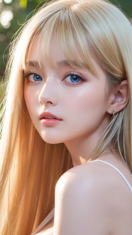 1 girl, 19 years old, solo, super long straight hair, huge , bright look、Looking at Viewer, ((Glossy bright silky blonde hair))、Very beautiful eyes and disheveled bangs between the nose and eyes、white skin、Shining beautiful skin、Glossy skin、gross face、cheek gloss、small face beauty、bare shoulders, jewelry, whole body, (Highly detailed 8K wallpaper), soft lighting, high quality, film grain, Fujifilm XT3 sharp focus, F 5.6, high detail, Tits sharp focus,(natural light), (Close-up:1.2), (seductive tits), off shoulder t-shirt, Reality, sexy、She has beautiful big bright pale blue eyes、very big eyes、eyeliner、young face、round face、cheek glossハイライト