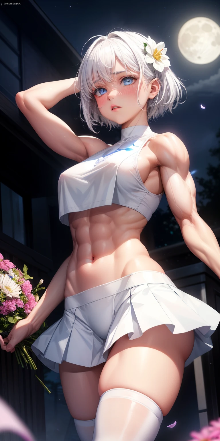 actual, 1 girl, white hair, blue eyes, glowing eyes, crop top, skirt, open lips, blush, Gym, flowers, night, moonlight, abdominal muscles, muscle , biceps