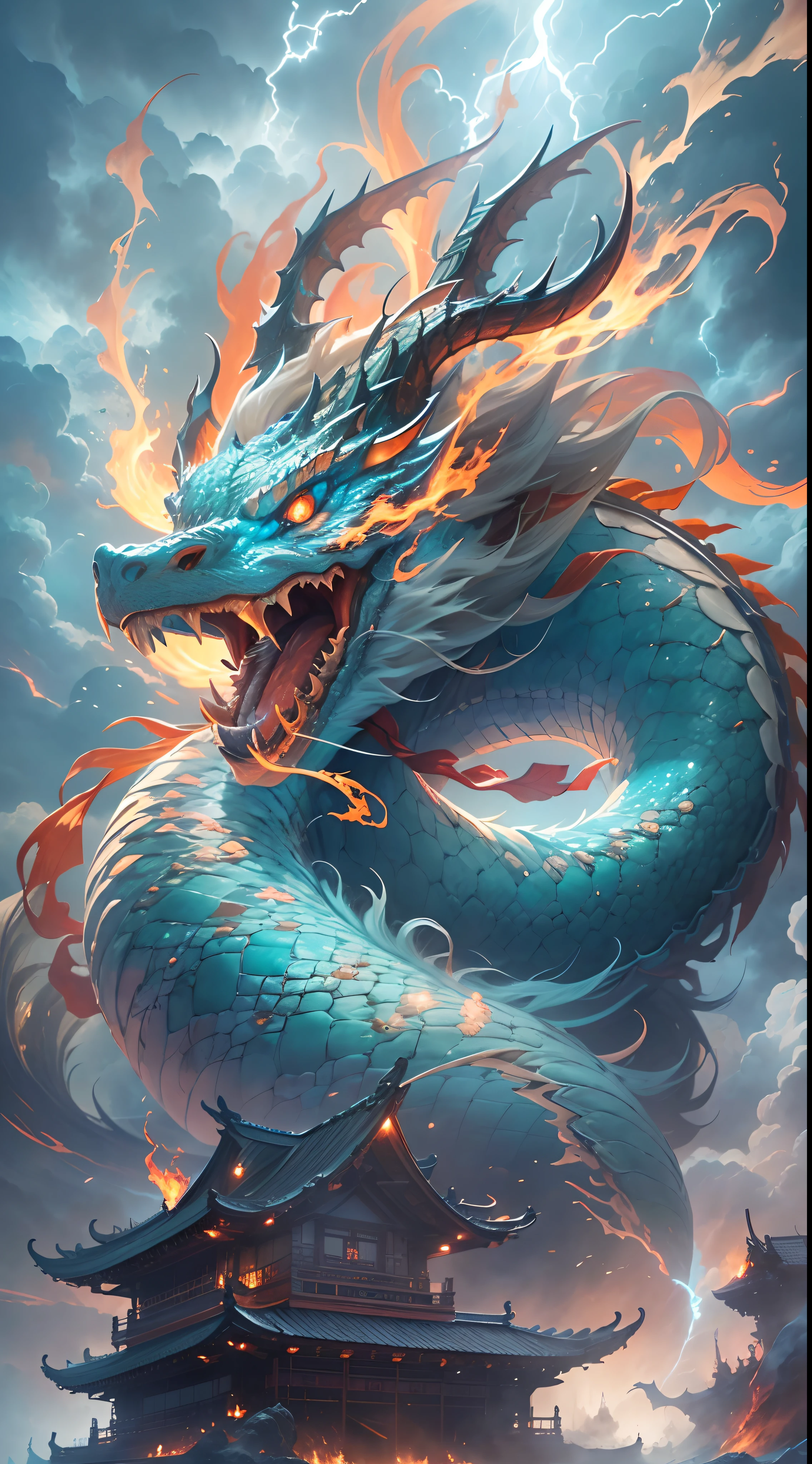 (The main subject: Wide-angle lens), The flame is light blue,[Polychromatic,(Chinese dragon anthropomorphism)], lightning,dramatic clouds,(Deep scene), Rich details​, (vast sky), (sense of vastness),Energy and vitality, intricate details.(best quality, high resolution, masterpiece:1.2), (actual:1.37), human development report。