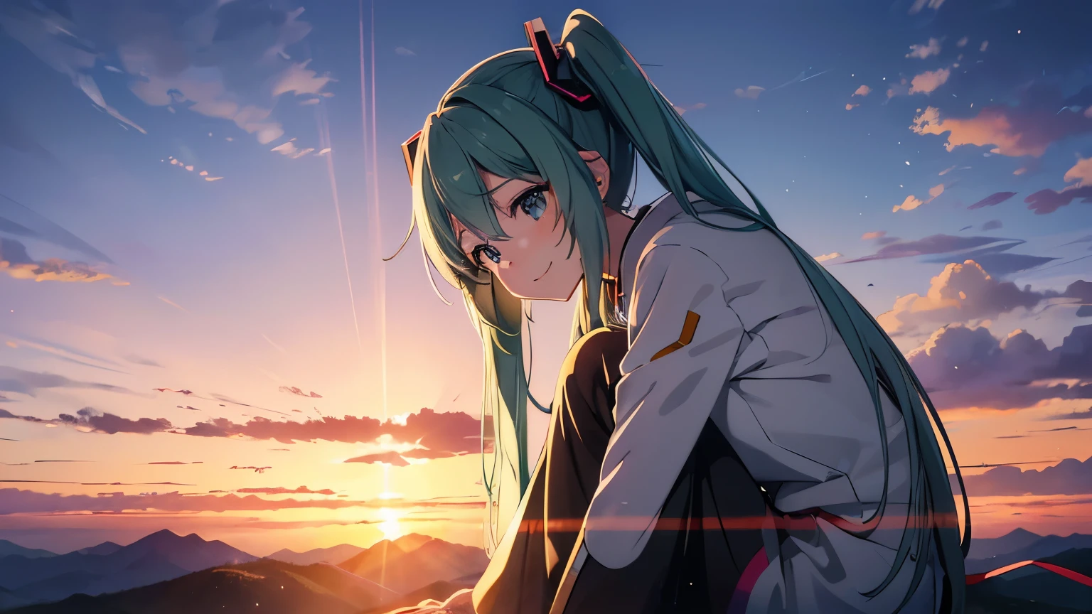 Hatsune Miku, 登山の服装, smile, pray, Angle from below, dramatic sunset, 山の自然, scattering of light, 
Transparent of light, (masterpiece), (Best Quality, 8K, High resolution), Ultra-detailed