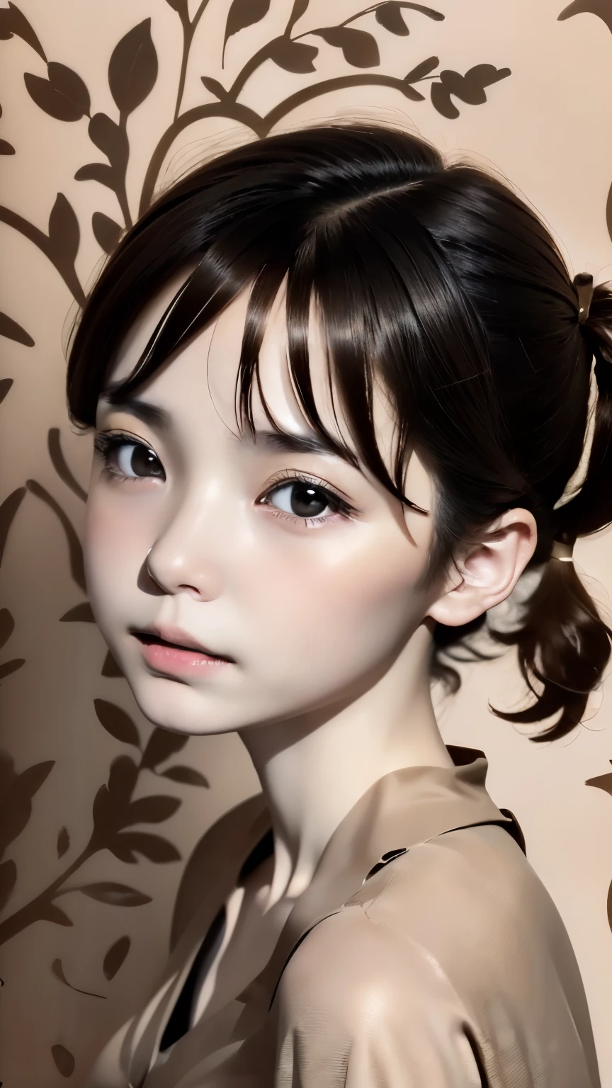 ((wallpaper 8k)), ((surreal)), ((Quality with attention to detail:1.2)), 1 girl,anatomy、(((dark beige hair)))、１４talent、kind eyes、plump lips、An ennui look、small breasts、small breasts、Elegant dress in black,Black capelet, look up, Widespread poverty, short cut hair、short hair twin tails、ash gray hair、white skin、