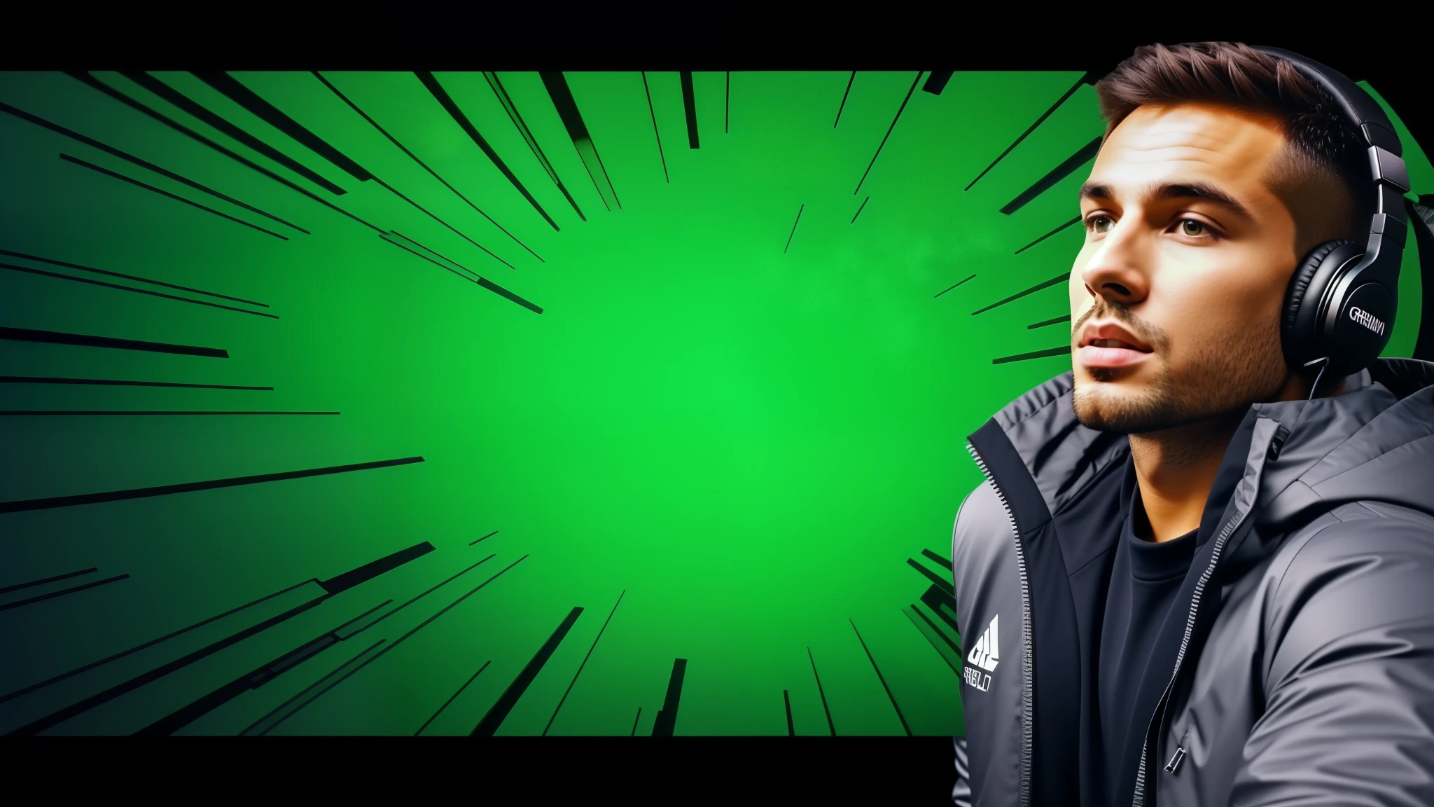 High resolution, high clarity, high definition, super detailed, 8k, there is a man wearing headphones and a jacket with a green background, green screen background, green screen, it\'s name is greeny, chroma green background, its name is greeny, low quality video, explosion in the background, low quality footage, epic background, exploding background, 4k!, very very low quality picture, 4k', background explosion