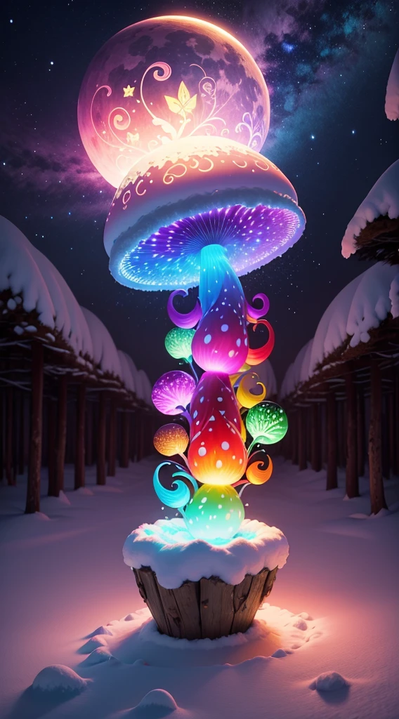 A beautiful magical orb that swirls with magical energy in brightly glowing vivid colors,snow forest and colorfull mushroom,lighting colorfull butterfly,big moon,blue river,Sakura,more followers