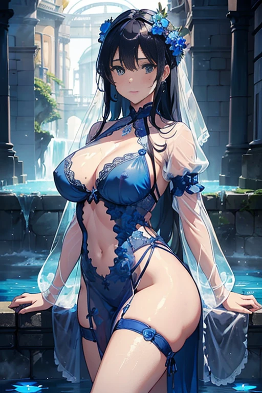 (highest quality, 8K, 32K, masterpiece, UHD: 1.3), 1 female, (Oversized: 1.3), perfect figure,, (attractive), (Sheer skin)) 、((((Transparent see-through dress))))、see-through dresses、lace sheer dress、Transparent dress、Sheer skin、Transparent dressを着た美しい裸の女性、solo、best style、big breasts、The most beautiful in the world、unparalleled beauty、long hair、 ((Roman baths)),、Blue lighting. concept art stunning atmosphere, blue atmosphere, beautiful concept art, Dark majestic gorgeous waterside、(blue water辺、blue water)、blue fountain、blue pottery、Blue Wall、Blue floor、blue reflection、blue window、get wet in blue water、Blue light、blue flower、Blue roses、blue lantern、Expressive、sexy pose、sexy design、pink nipples