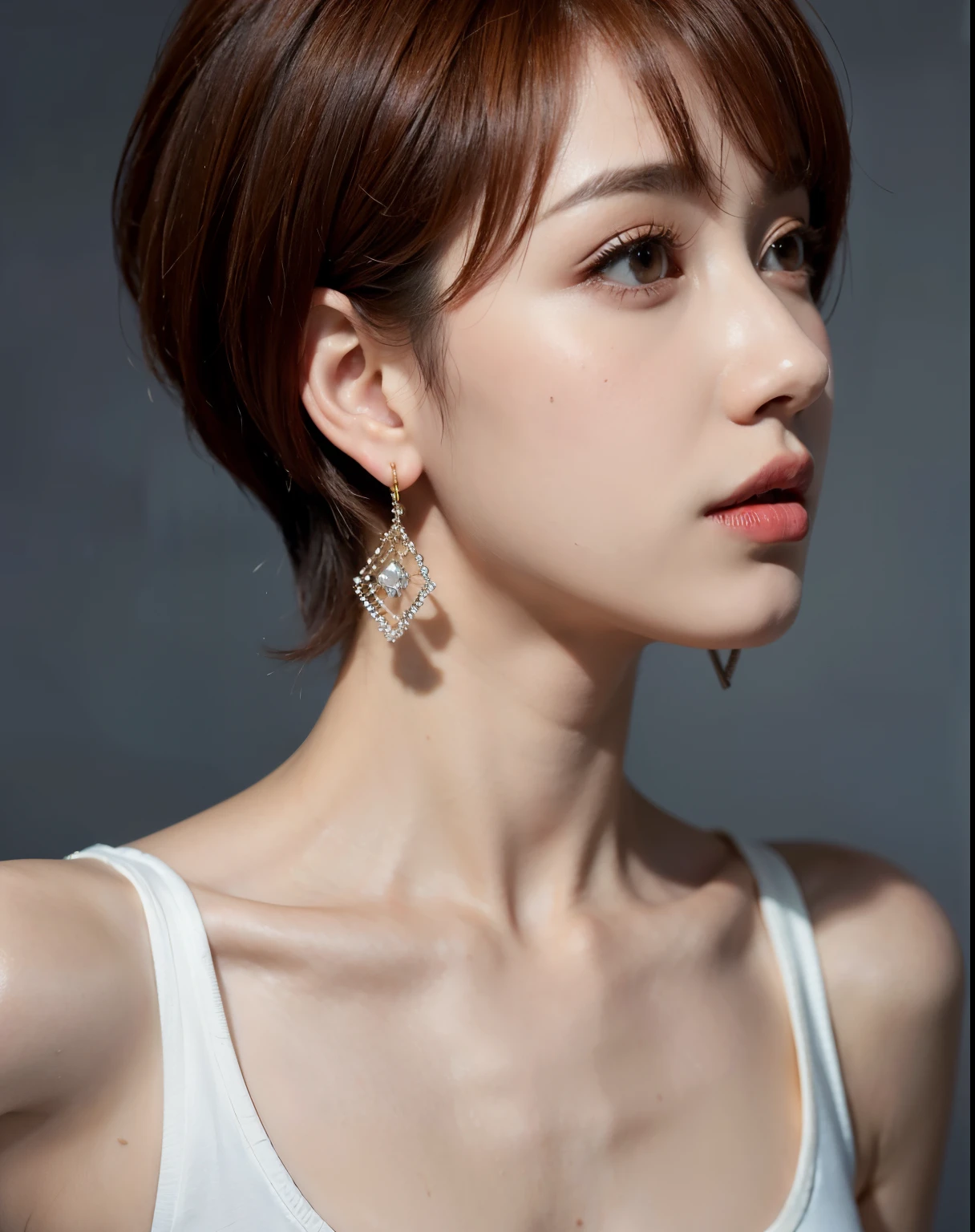 1 girl, reba, alone, earrings, jewelry, short hair, upper_body,   Wacky angles、