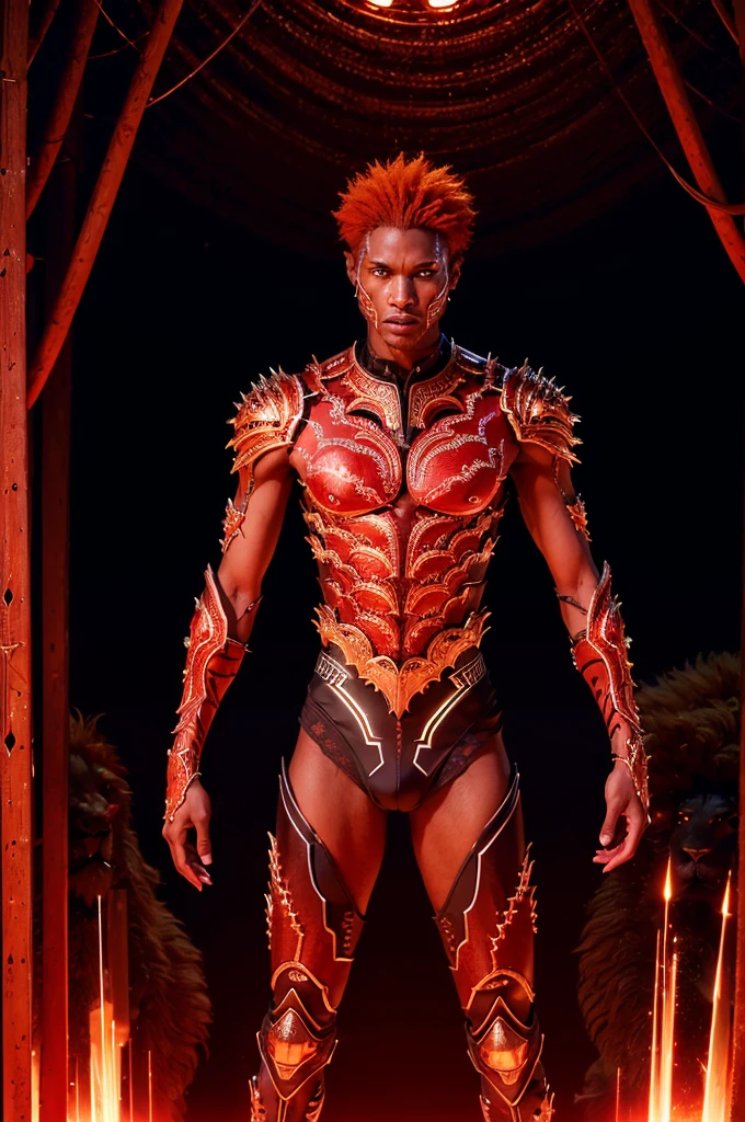 (a supernatural red African male entity:1.1, half man:1.1, half lion, technorganic saber:1.1), (medium:1.2, digital art), detailed human anatomy, lion-like exoskeleton, glowing eyes, intricate tribal design, jungle background, vibrant colors, dramatic lighting