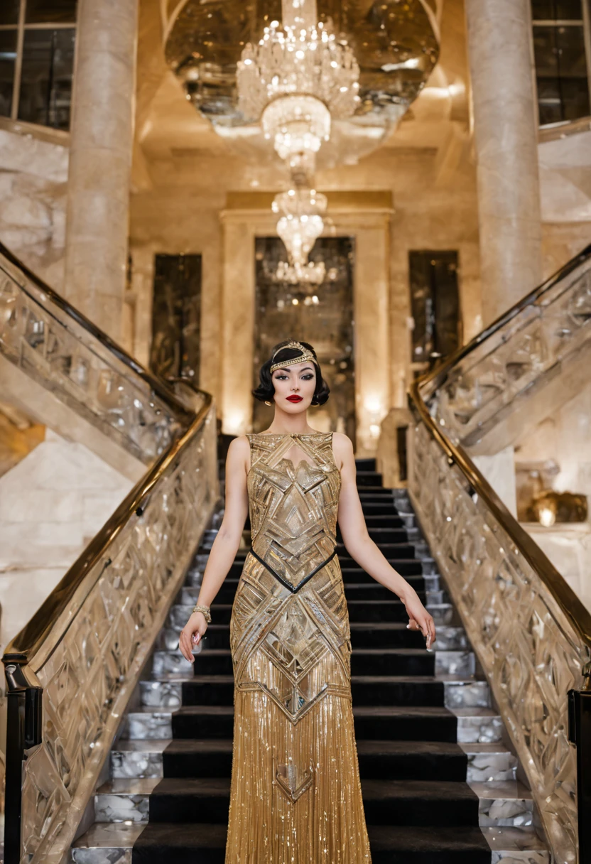 Art Deco, Art Deco style, Art Deco lobby, grand staircase, geometric patterns, gold and chrome accents, flapper girl descending, sleek bob haircut, beaded gown, (opulence), (symmetry), (high contrast), (vibrant), (1920s elegance) . geometric shapes, bold colors, luxurious, elegant, decorative, symmetrical, ornate, detailed, sleek, geometric forms