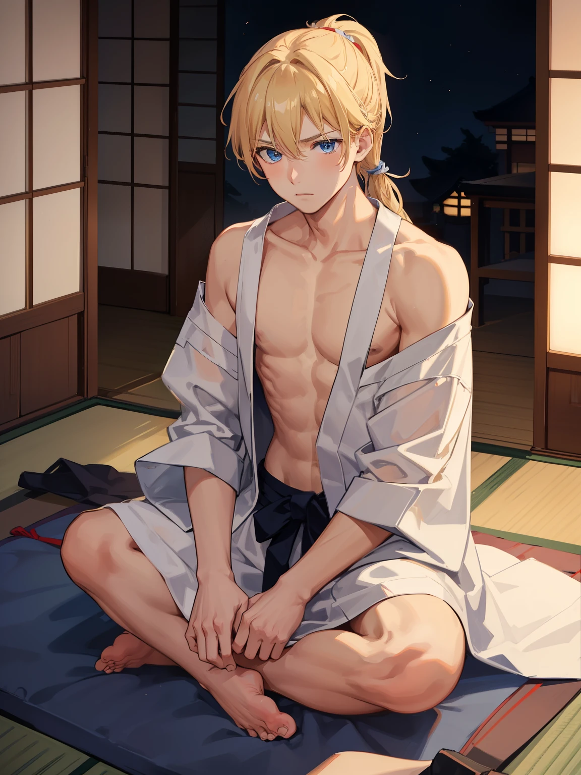 1boy,Masculinity,blond hair,ponytail,blue eyes,no bra,A Japanese-style room,sitting,late at night,alone