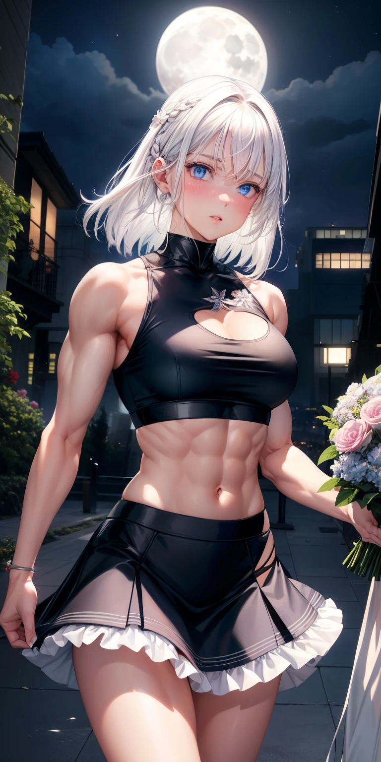 actual, 1 girl, white hair, blue eyes, glowing eyes, crop top, skirt, open lips, blush, Gym, flowers, night, moonlight, abdominal muscles, muscle , biceps