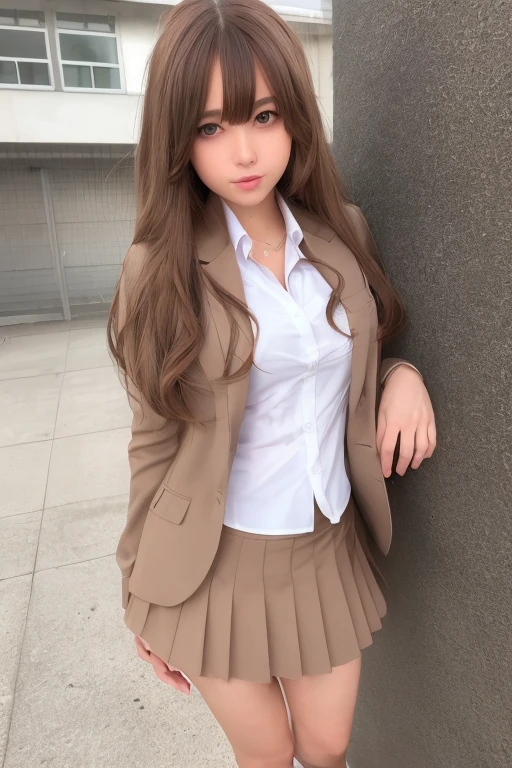 ((best quality)), ((masterpiece)), (detailed), perfect face, 1 girl, (brown hair, long hair, caramel eyes) school uniform, blazer, 80's anime style, full body, medium layered hairstyle, background, (medieval kingdom )