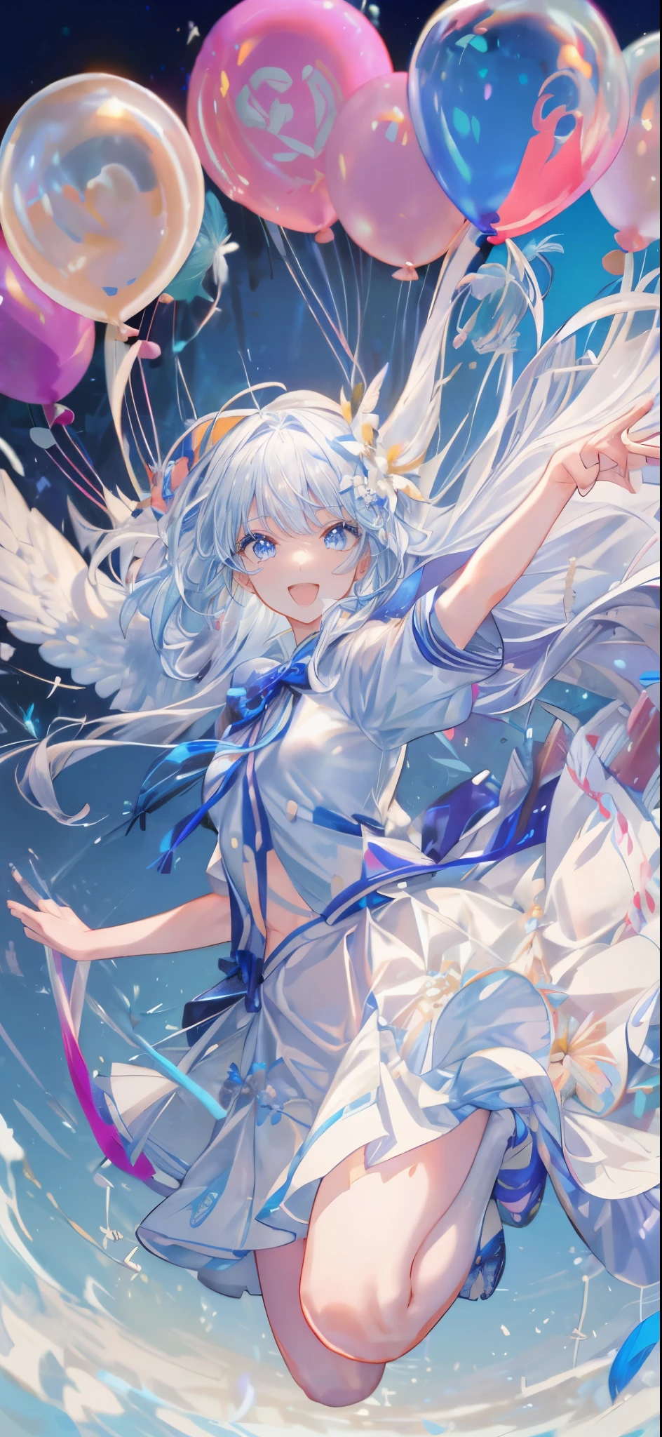 (highly detailed face),1 girl,white long hair,blue eyes,(lots of balloons),(Tons of balloons:1.4),floating,jump,colorful,smile,Flowers flutter,Birds are flying,Feathers dance,magic,shine,Sparkling,(Fluffy skirt)
