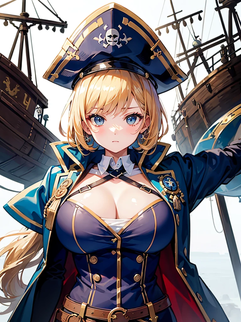 （（（masterpiece、Highest image quality、highest quality、highly detailed unity 8ｋwallpaper）））、（（Illustration of one girl、upper body））、（（（beautiful girl）））、（fantasy、female pirate）、（blonde、short ponytail：1.2、light blue eyes）、（（（Steampunk-style right arm prosthesis）））、（（tall））、bulky figure, massive frame, thick neck, sturdy arms, powerful legs、（captain&#39;s suit、Pirate hat、Blue coat）、pirate shipのデッキ、pirate ship