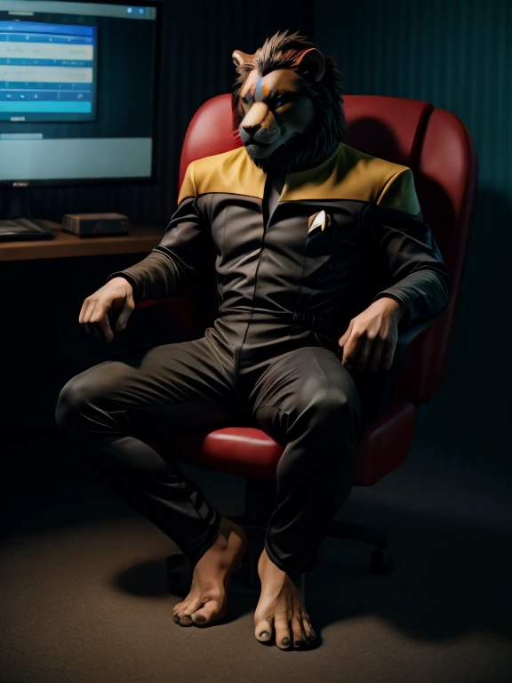 full body picture, full figure image, masterpiece, best quality, soft light, bokeh, real shadow, cinematic, The barefoot male muscular furry character resembling Scar from Lion King exudes confidence and authority as he sits in the captain's chair, and his red and black Star Trek Voyger uniform with the Starfleet Delta badge on his chest is a perfect match for his full figure. Handsome clawed feet paws dominate the bridge of the ship and its crew. Long black pants and red and black shirt without sleeves. Bridge of starship with many screens and consoles as background. high resolution, anatomically correct, digital art style, photoreal, visible feet, nice big paws with pawpads