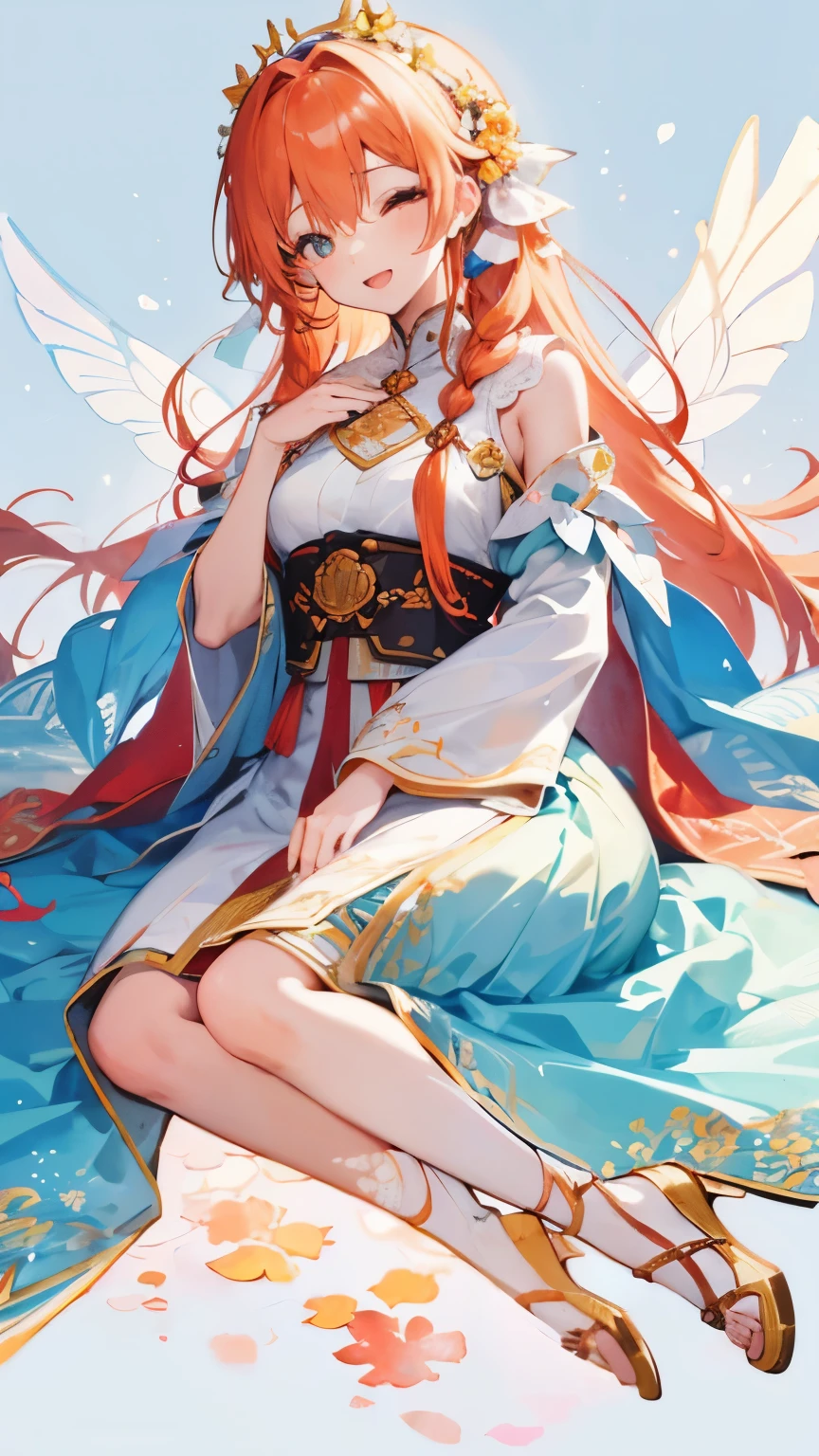 close your eyes and smile、girl with sound 1:1.3、Full body Esbian:1.1、smile with open mouth、music、brown and orange motif、G clef、music、(Braid:1.3)、(Wearing fairy wings made of lace:1.5)、(orange色の髪、orange:0.9)、(pastel colour:1.2)、(cute illustration:1.2)、(watercolor painting:1.2)、beautiful and detailed、particles of light、pattern、 Detail view、Bright colors、striking contrast、intricate details、delicate depiction、luminescent、Full body Esbian、From the side、beautiful features、appropriate color eyes、Wearing intricate and delicate ornaments、shining aura、shining hair,Morning light