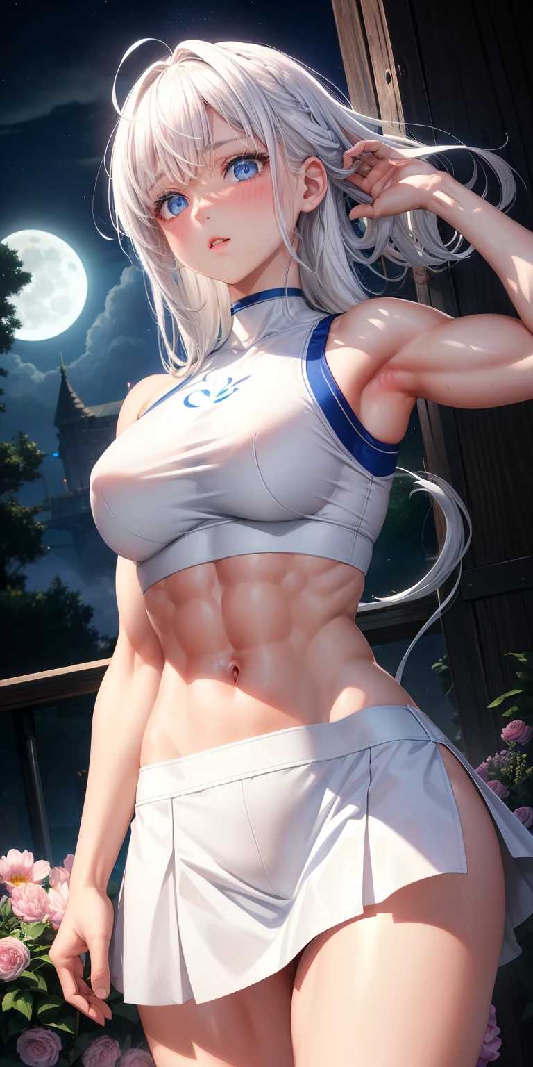actual, 1 girl, white hair, blue eyes, glowing eyes, crop top, skirt, open lips, blush, Gym, flowers, night, moonlight, abdominal muscles, muscle , biceps