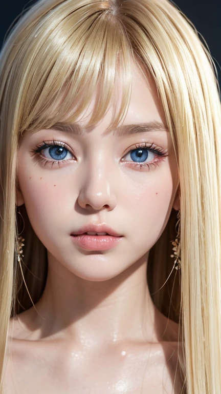 1 girl, 19 years old, solo, super long straight hair, huge , bright look、Looking at Viewer, ((Glossy bright silky blonde hair))、Very beautiful eyes and disheveled bangs between the nose and eyes、white skin、Shining beautiful skin、Glossy skin、gross face、cheek gloss、small face beauty、bare shoulders, jewelry, whole body, (Highly detailed 8K wallpaper), soft lighting, high quality, film grain, Fujifilm XT3 sharp focus, F 5.6, high detail, Tits sharp focus,(natural light), (Close-up:1.2), (seductive tits), off shoulder t-shirt, Reality, sexy、She has beautiful big bright pale blue eyes、very big eyes、eyeliner、young face、round face、cheek glossハイライト