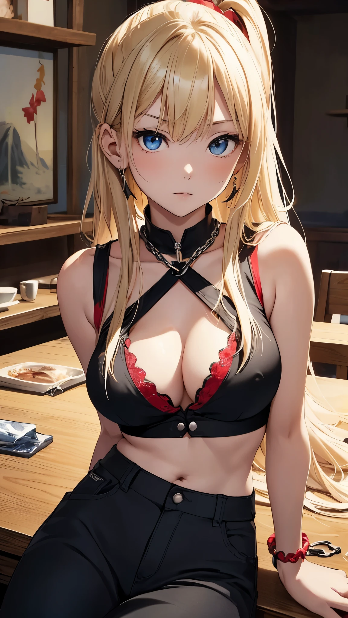 最high quality、best image quality、masterpiece、with a girl((18-year-old、Black and red bra、white pants、vest bust、bust 85、blonde、disheveled ponytail、blue eyes、open your chest wide、happiness、chain accessories、Black wristband on wrist、leaning forward,Slender)）high quality、visual art、With background((Hawaiian))、table top